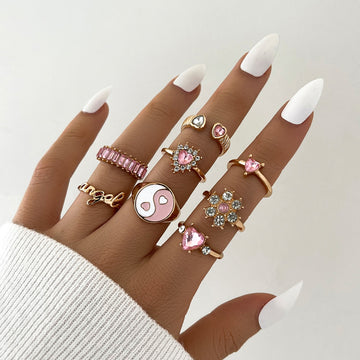 Aprilwell 6-8 Pcs Cute Metal Gold Heart Rings Set for Women Punk Letter "Angel" Shinestone Aesthetic Y2k Tai Chi Anillos Jewelry daiiibabyyy
